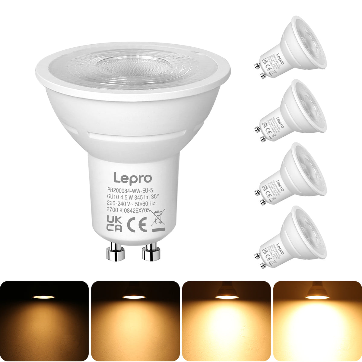 Lepro GU10 LED Bulbs Dimmable, Warm White 2700K, 4.5W 345lm, 50W Halogen Spotlight Bulb Equivalent, 38° Narrow Beam, Energy Saving GU10 LED Light Bulbs