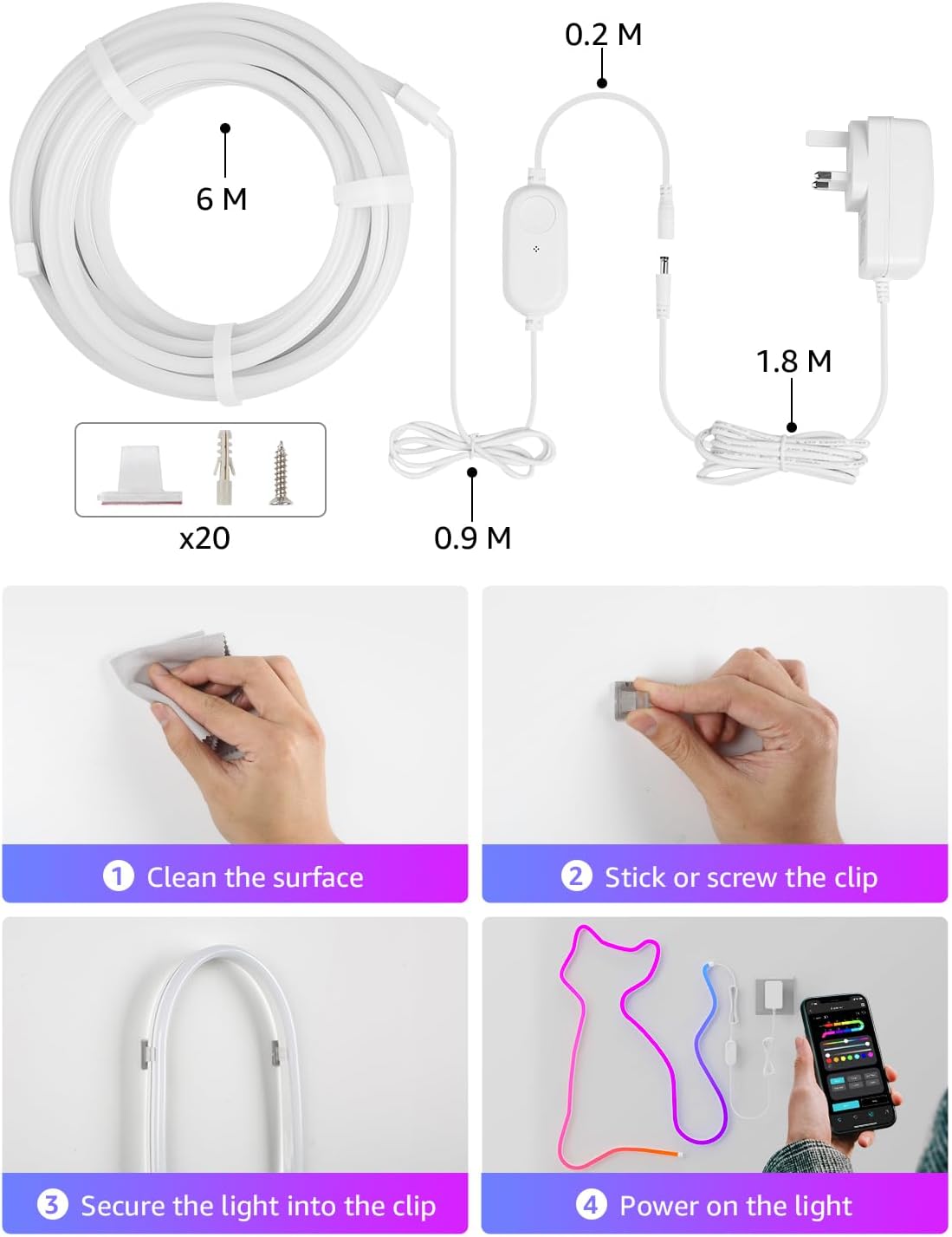 Lepro N1 AI Smart Rainbow Neon Light Strip 6M, 96 LEDs/M, Work with Alexa, Google Home, Music Sync, AI Lighting Design Assistant, IP65 Rope Light, MagicColor LED Light, App & Voice Control, No Remote