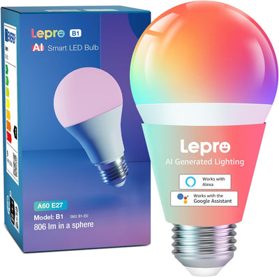 Lepro B1 AI Smart Bulb E27, Music Sync Bluetooth & WiFi Bulb, Voice Control Smart Screw Bulb, AI Lighting Design Assistant, Colour Changing Light Bulbs, RGBCCT, Work with Alexa & Google Assistant