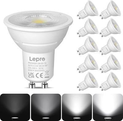 Lepro GU10 LED Bulbs Dimmable, Cool White 6500K, 4.5W 345lm, 50W Halogen Spotlight Bulb Equivalent, 38�� Narrow Beam, Daylight White, Energy Saving GU10 LED Light Bulbs, Pack of 10