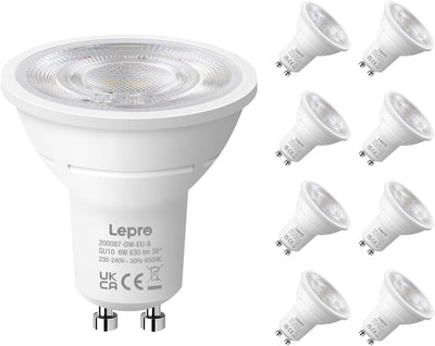 Lepro GU10 LED Bulbs, Cool White 6500K, 630LM, 6W (80W Equivalent), 38�� Beam Angle, Energy Saving Spotlight Bulbs, Non-Dimmable, 8 Packs