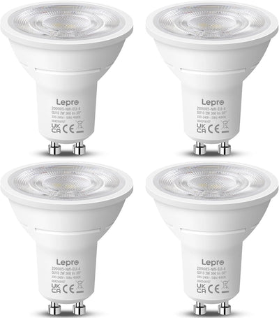 Lepro GU10 LED Bulbs, A Energy Class, Neutral White 4000K, 360LM, 2W (50W Equivalent), 38�� Beam Angle, 50000H Life Span, 96% Energy Saving Spotlight Bulb, Non-Dimmable, 4 Packs