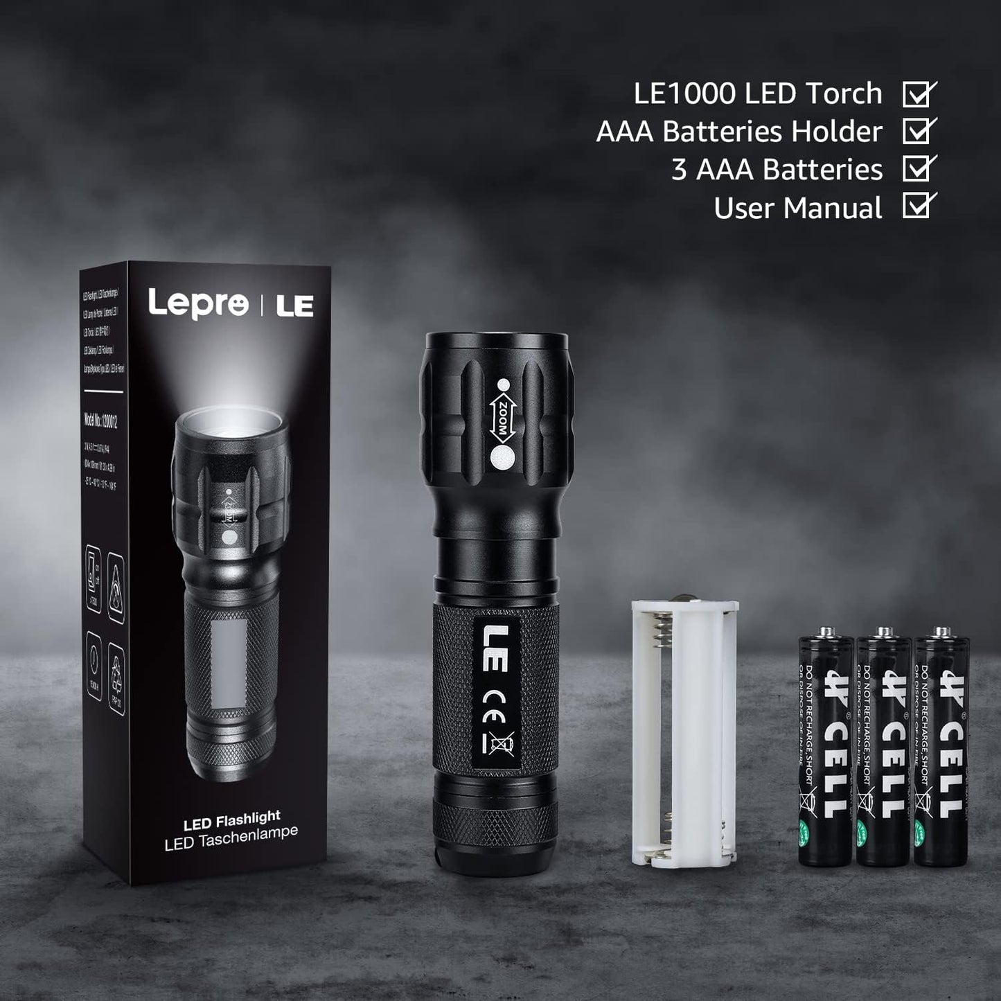 LE LED Torch Battery Powered, LE1000 Super Bright Hand Flashlight, Adjustable Focus, Water Resistant, Lightweight, for Power Cut, Camping, Dog Walking, Easy to Use Small Torch for Elderly Kids Men
