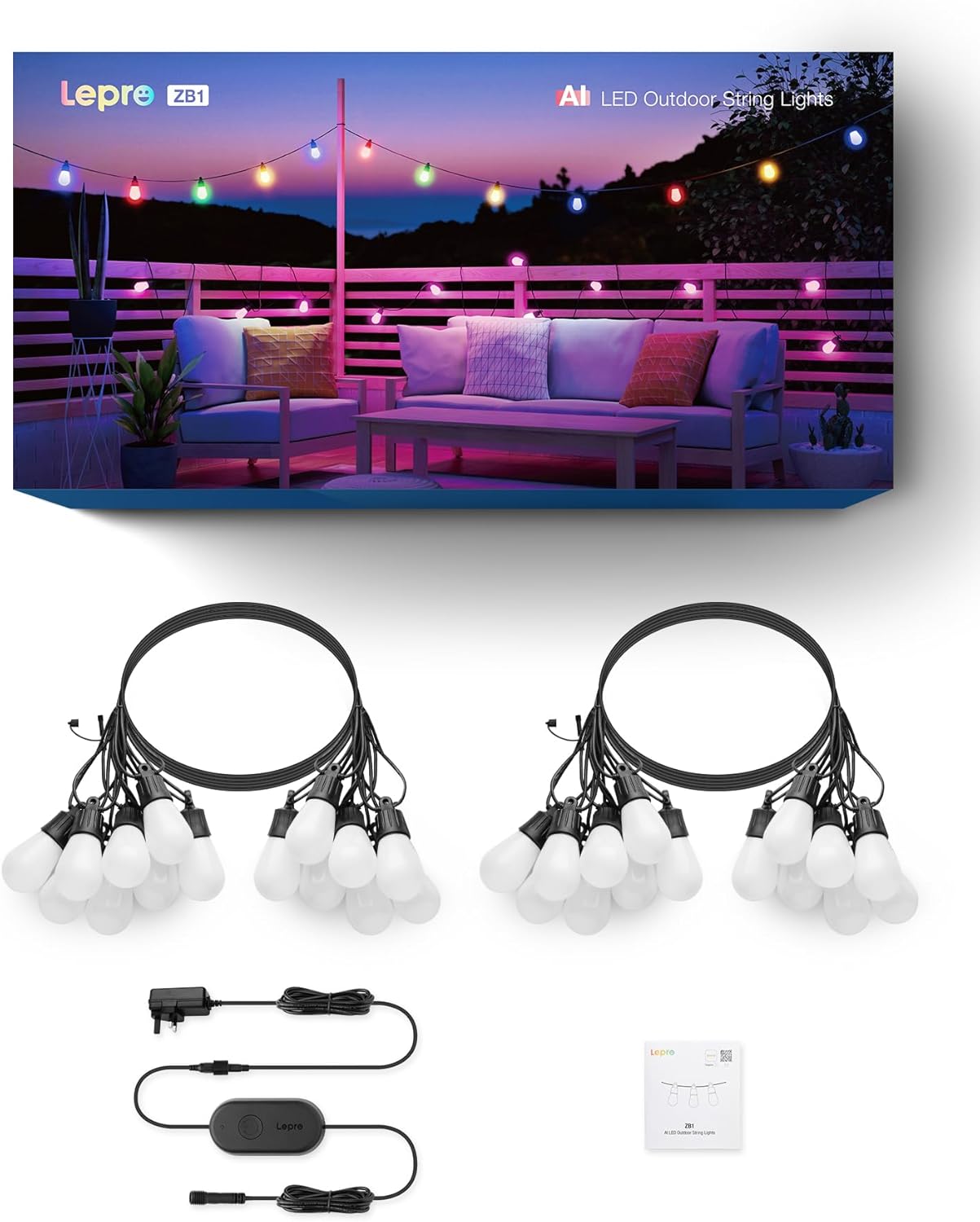 Lepro AI Smart Outdoor String Lights 30m, Festoon Lights Outdoor Waterproof IP65, Warm White & RGB Colour Changing, Personalized AI Lighting Designer, Works with Alexa & Google, 2.4G WiFi