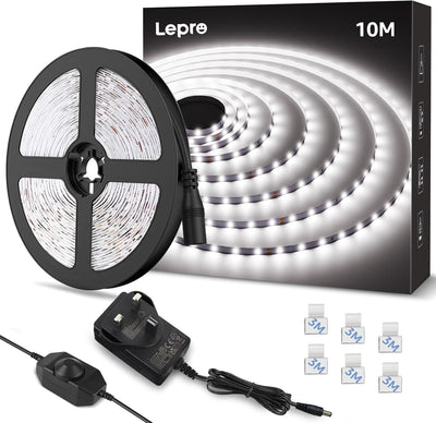 Lepro White LED Strip Light 10M, 2000lm Dimmable LED Lights, 24V UK Plug LED Strip with Dimmer Switch, 6000K Cool White Strip Lights for Kitchen, Cabinet, Wardrobe, Conservatory, Garage (1 Roll)
