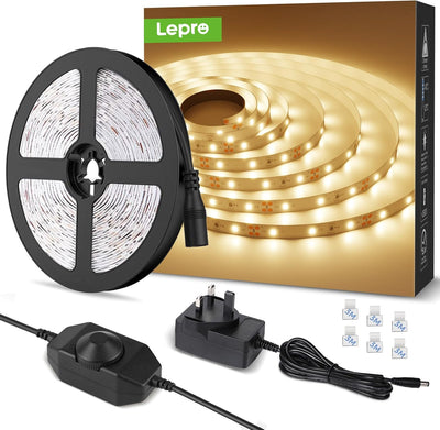 Lepro Warm White LED Strip Light 5M 300 LEDs, 1650lm Dimmable LED Tape Lights, 3000K Flexible LED Lights for Bedroom Kitchen Under Cabinet Wardrobe Stair (12V Power Plug and Dimmer Switch Included)