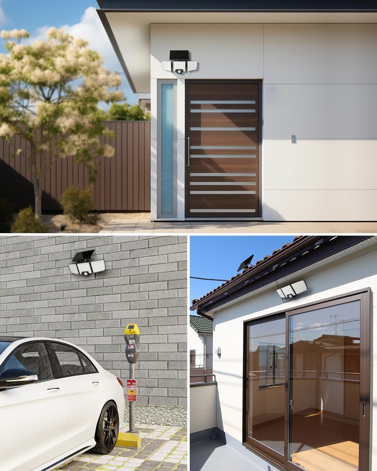 Lepro Solar Security Lights Outdoor Motion Sensor, 2 in 1 Separated and Integrated Remote Control IP65 Waterproof Solar Lights with 2 Light Modes, 3 Heads Solar Floodlight for Garden Yard