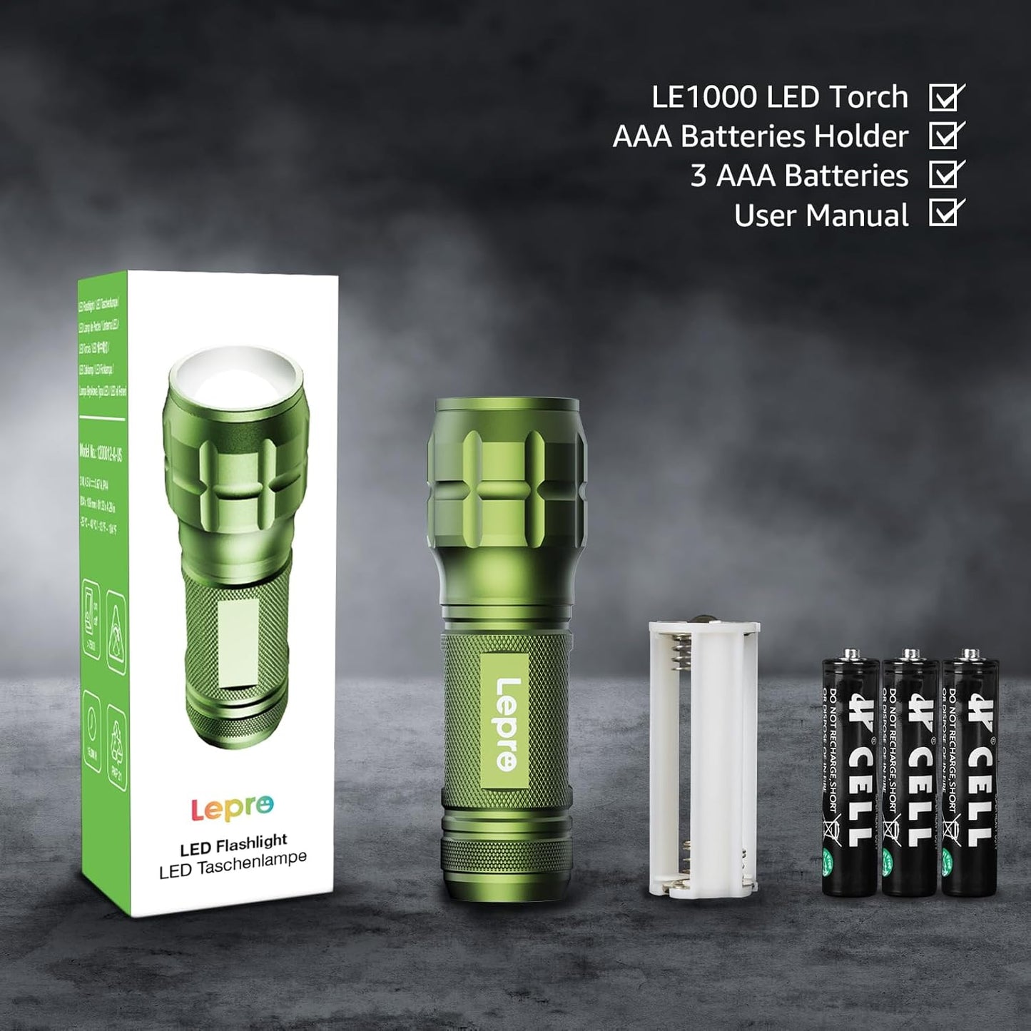 LE LED Torch Battery Powered, LE1000 Hand Flashlight, Adjustable Focus, Water Resistant, Lightweight, for Power Cut, Camping, Dog Walking, Easy to Use Small Torch, Gift for Kids Men Dad, 2 Packs