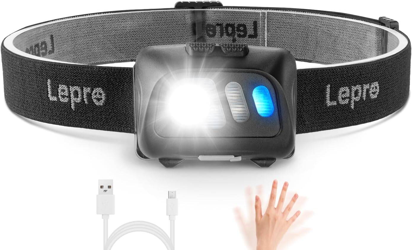 Lepro Head Torch, Super Bright Led Rechargeable Headlamp with Motion Sensor, Long Runtime, 5 Lighting Modes, Red Warning Lights, Waterproof Lightweight Headlight for Running Camping