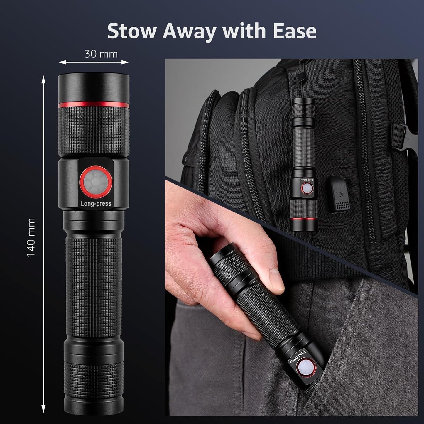 Lepro LED Torch Rechargeable, Super Bright Adjustable Focus Flashlight, 5 Modes, IPX4 Waterproof, Long Battery Life Small Pocket Torch for for Camping, Hiking, Power Cuts, Dog Walking