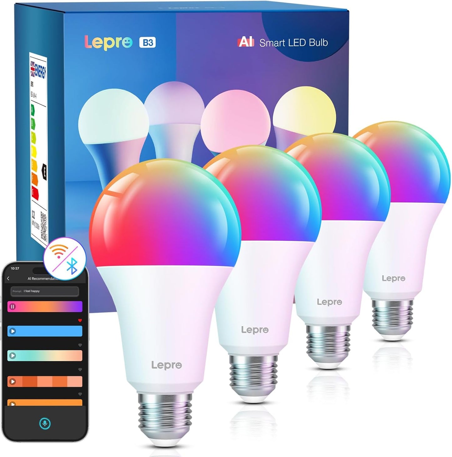Lepro AI Smart Bulb E27, 1520LM Colour Changing Light Bulb, 12W(100W) WiFi Bulbs, Voice Control, Schedule & Timer, Work with Alexa & Google Assistant, Personalized AI Lighting Designer