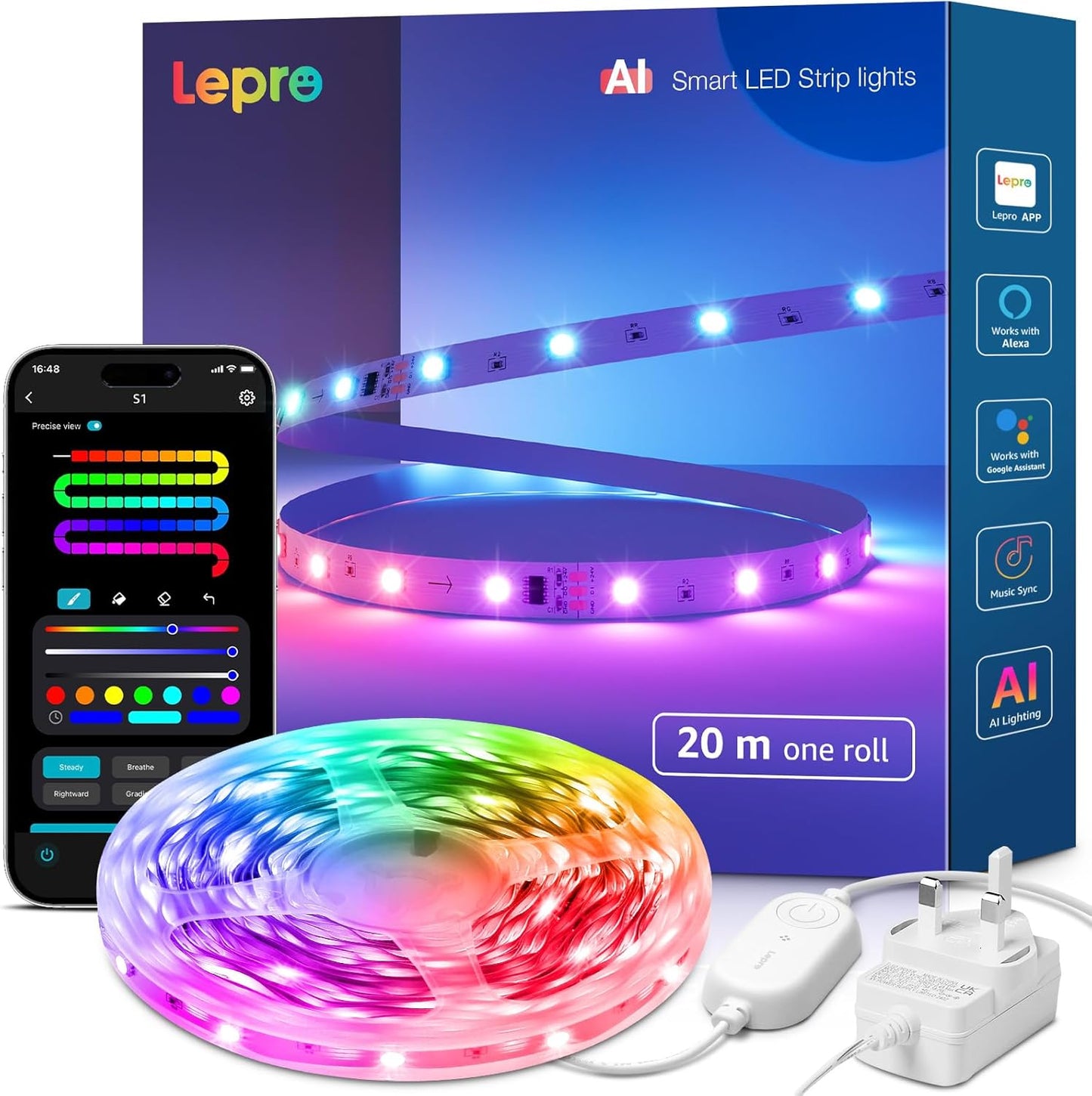 Lepro S1 AI Smart Rainbow LED Strip Light, 30 LEDs/M, Music Sync, Works with Alexa & Google Home, WiFi Bluetooth App Voice Control, AI Lighting Design Assistant, MagicColor LED Lights