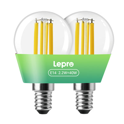 Lepro E14 LED Light Bulb A-Rated, Warm White 2700K, Ultra-efficient E14 Golf Ball Bulb P45 G45, 2.2W = 40W, 470lm, 50000H Lifespan, Small Edison Screw SES, Clear Filament, Vintage Glass[Energy Class A]