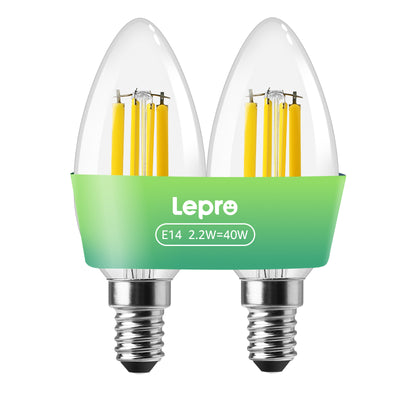 Lepro E14 LED Light Bulb A-Rated, Warm White 2700K, Ultra-efficient E14 Candle Bulb C35, 2.2W = 40W, 470lm, 50000H Lifespan, Small Edison Screw SES, Clear Filament, Glass, Non-dimmable [Energy Class A]