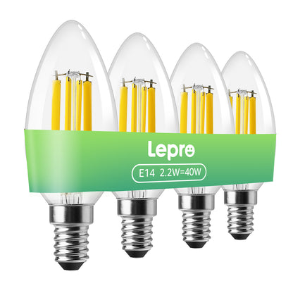 Lepro E14 LED Light Bulb A-Rated, Warm White 2700K, Ultra-efficient E14 Candle Bulb C35, 2.2W = 40W, 470lm, 50000H Lifespan, Small Edison Screw SES, Clear Filament, Glass, Non-dimmable [Energy Class A]