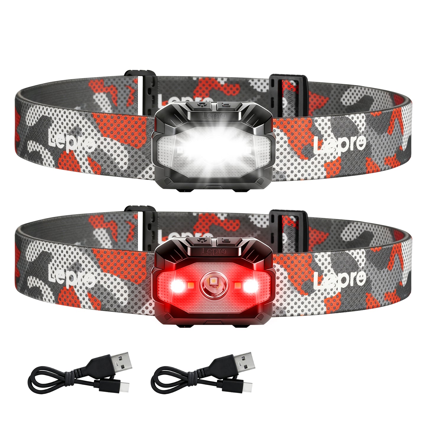 Lepro Dual Power Head Torch Rechargeable, LED Headlight with TypeC & AAA Backup, 10 Modes with Red SOS Light, Lightweight for Kids Adults, IPX4 Waterproof Head Lamp for Camping, Running, Cycling