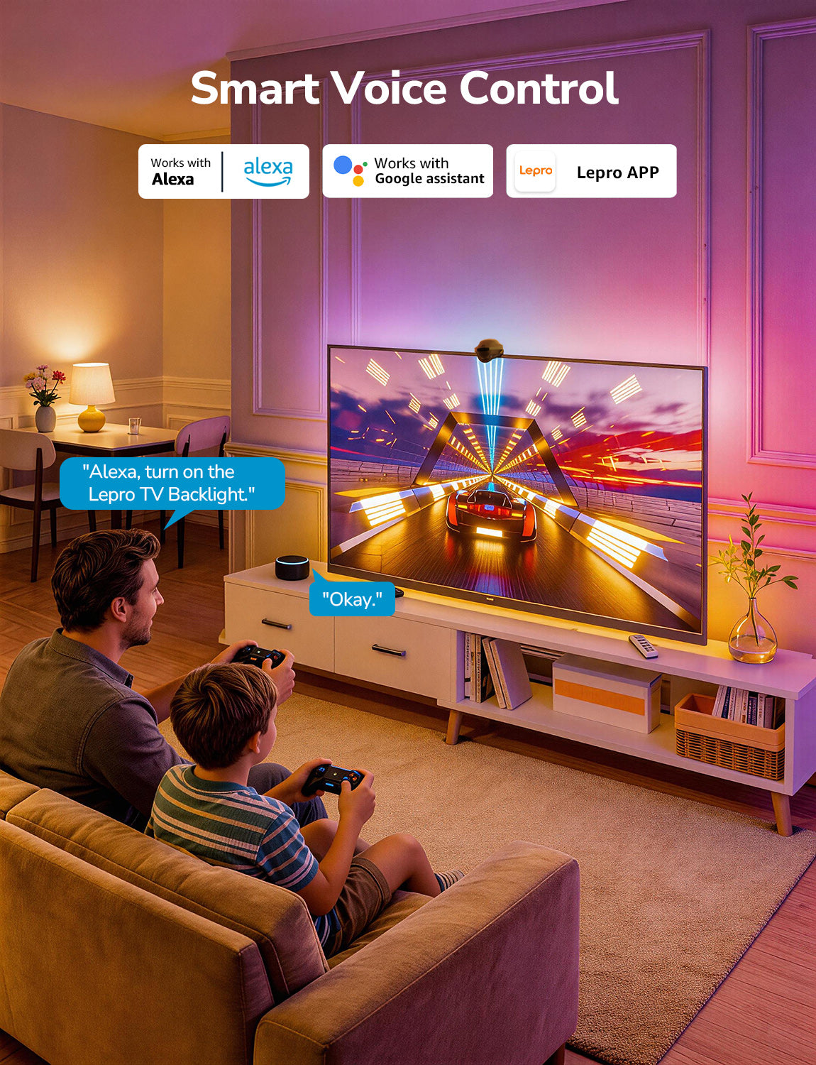 Lepro STV1 AI Smart TV Backlight, WiFi TV LED Backlight Strip with Fish-Eye Correction Function for TVs, Voice and APP Control TV Light,Led Light TV with Camera