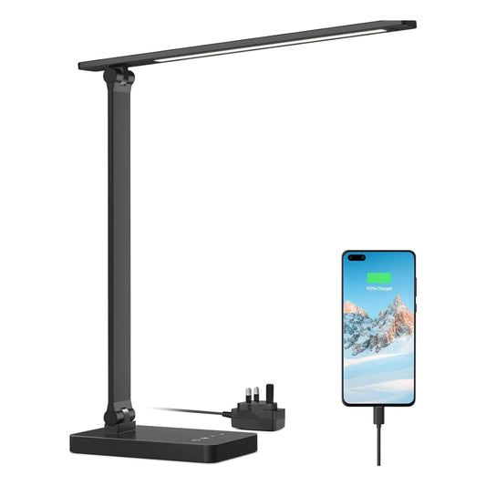 Lepro LED Desk Lamp, Desk Lamp with Power Adapter, 655lm, Desk Lamps Office with USB Charging Port, 5 Brightness Levels x 3 Colour Mode, Touch Control Daylight Lamp for Office, Nails, Study, Bedroom