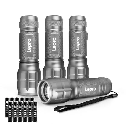 Lepro LE LED Torch Battery Powered, LE1000 Hand Camping Flashlight, 4 Packs | Adjustable Focus, Water Resistant, Lightweight Small Torches, Easy to Use, For Power Cut, Dog Walking, Gift for Kids Men Dad [Energy Class A+]