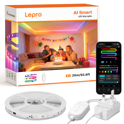 Lepro S1 AI Smart Rainbow LED Strip Light, 30 LEDs/M, Music Sync, Works with Alexa & Google Home, WiFi Bluetooth App Voice Control, AI Lighting Design Assistant, MagicColor LED Lights