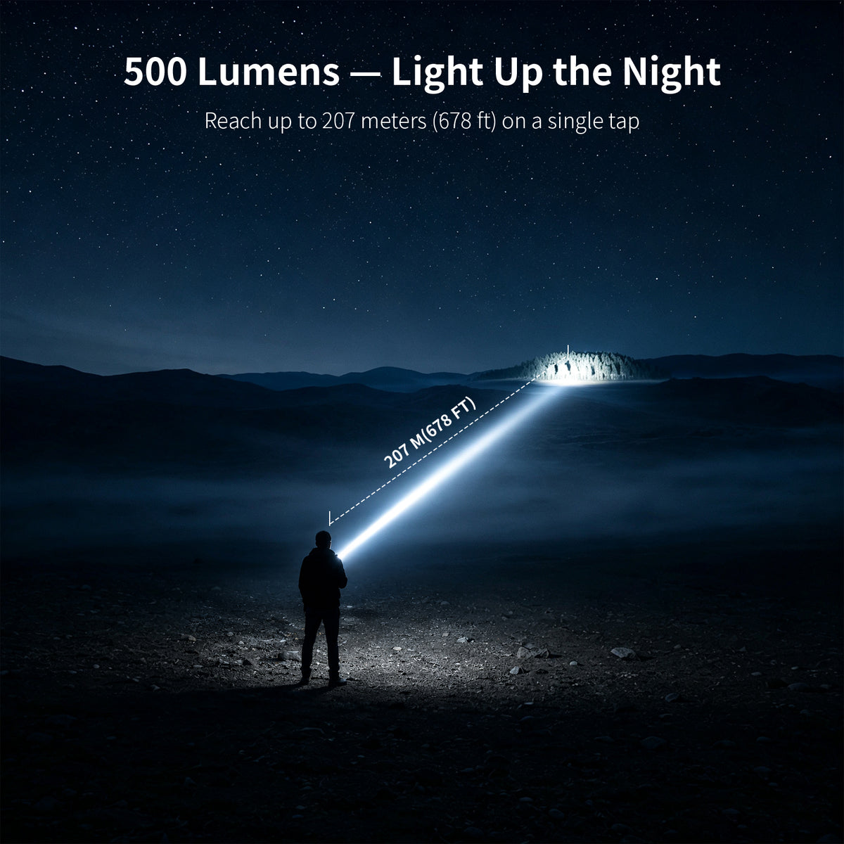 A person stands in a dark outdoor night scene holding a flashlight that projects a bright beam toward a distant illuminated structure. Text at the top reads '500 Lumens — Light Up the Night' and 'Reach up to 207 meters (678 ft) on a single tap.