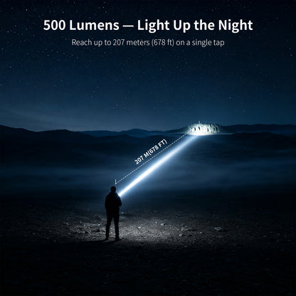 A person stands in a dark outdoor night scene holding a flashlight that projects a bright beam toward a distant illuminated structure. Text at the top reads '500 Lumens — Light Up the Night' and 'Reach up to 207 meters (678 ft) on a single tap.
