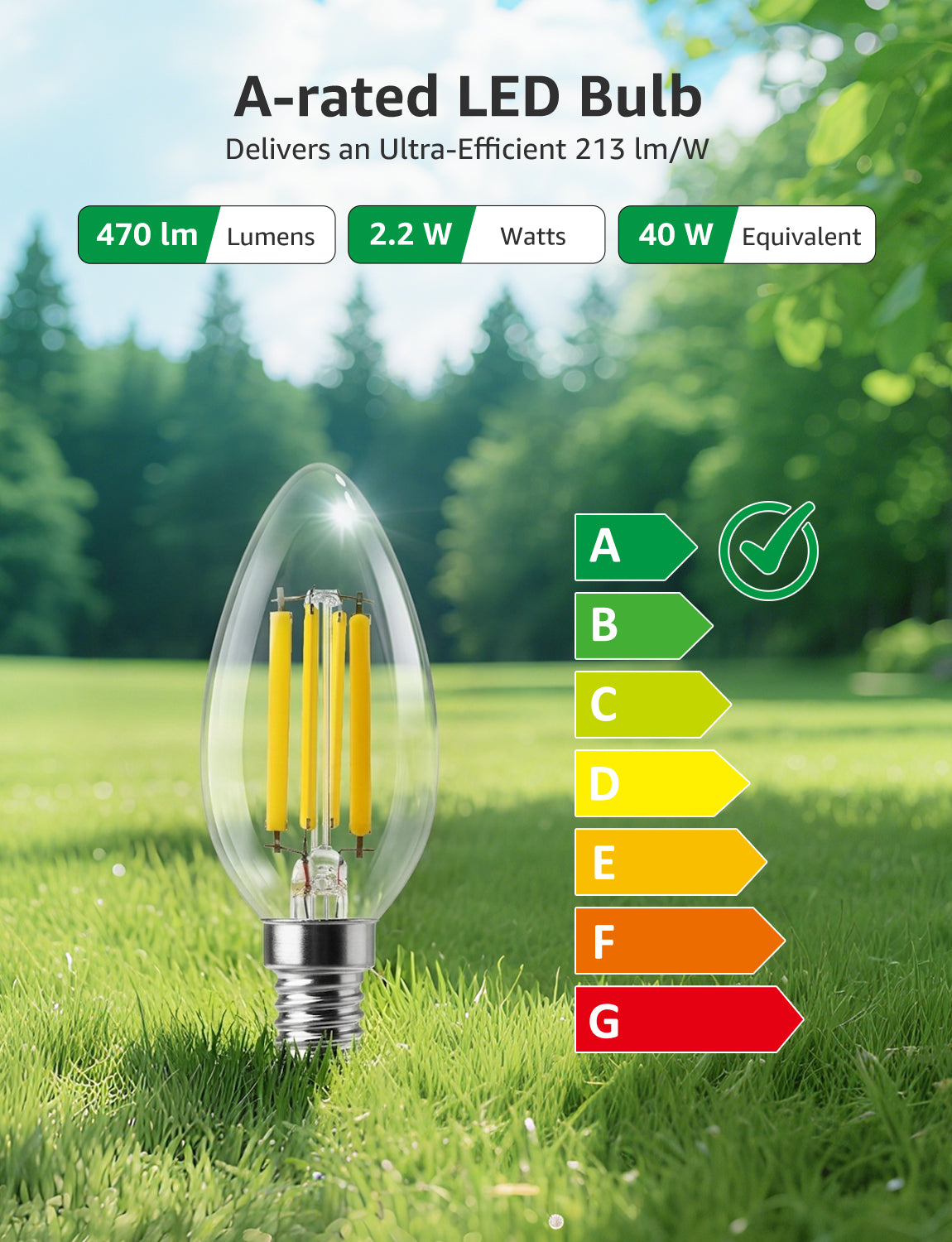 Lepro E14 LED Light Bulb A-Rated, Warm White 2700K, Ultra-efficient E14 Candle Bulb C35, 2.2W = 40W, 470lm, 50000H Lifespan, Small Edison Screw SES, Clear Filament, Glass, Non-dimmable [Energy Class A]