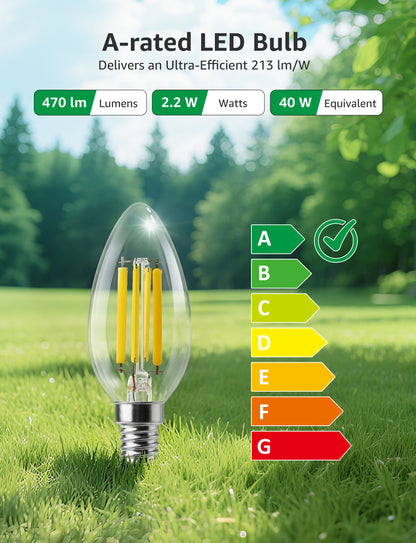 Lepro E14 LED Light Bulb A-Rated, Warm White 2700K, Ultra-efficient E14 Candle Bulb C35, 2.2W = 40W, 470lm, 50000H Lifespan, Small Edison Screw SES, Clear Filament, Glass, Non-dimmable [Energy Class A]