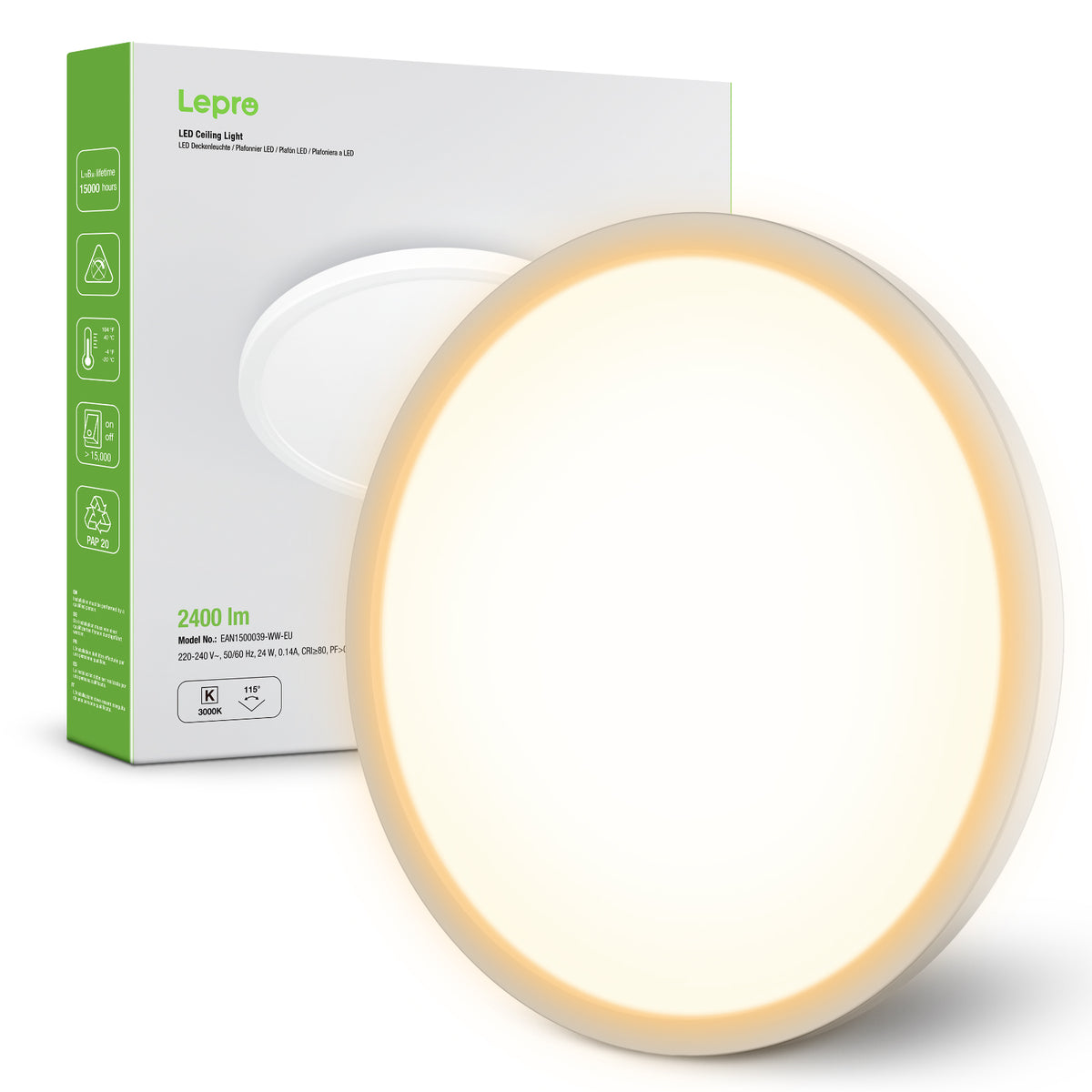 Lepro Bathroom Lights Ceiling 24W, 2400lm Warm White 3000K, Large 29cm