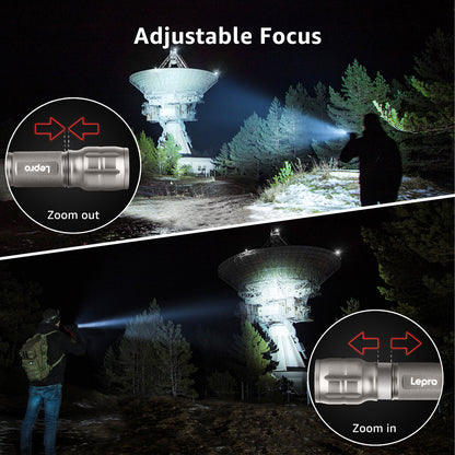 Lepro LE LED Torch Battery Powered, LE1000 Hand Camping Flashlight, 4 Packs | Adjustable Focus, Water Resistant, Lightweight Small Torches, Easy to Use, For Power Cut, Dog Walking, Gift for Kids Men Dad [Energy Class A+]