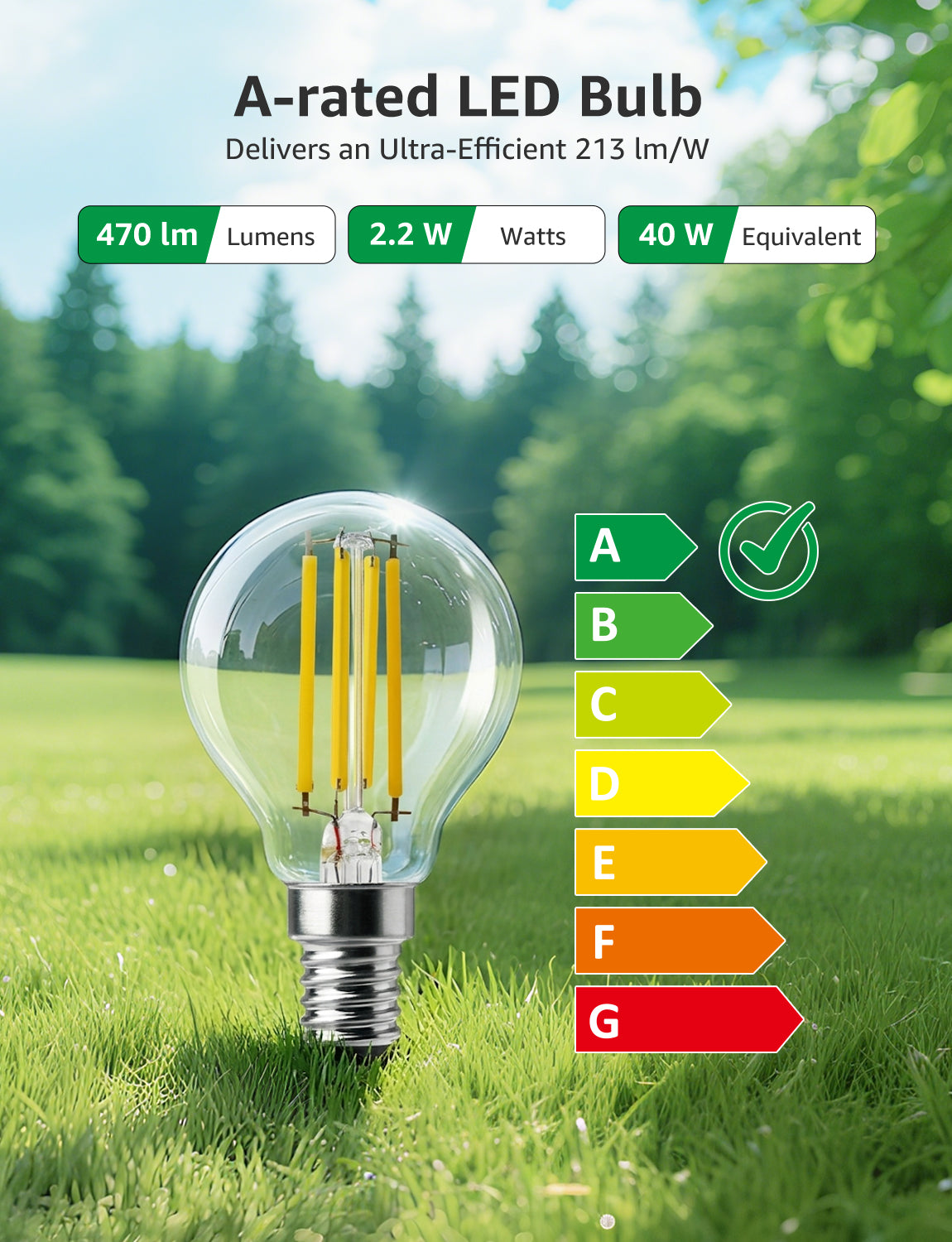 Lepro E14 LED Light Bulb A-Rated, Warm White 2700K, Ultra-efficient E14 Golf Ball Bulb P45 G45, 2.2W = 40W, 470lm, 50000H Lifespan, Small Edison Screw SES, Clear Filament, Vintage Glass[Energy Class A]