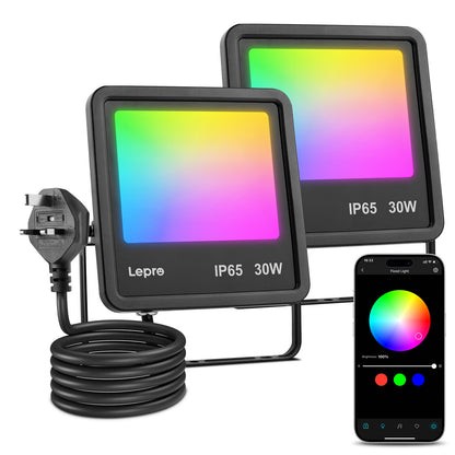 Lepro Led Flood Light Outdoor 30w, Colour Changing Floodlight App Control, 16M Colors DIY, LightGPM AI Mode, Music Sync, Voice Control with Alexa&Google, Timer, IP65 Waterproof for Outdoor Decoration