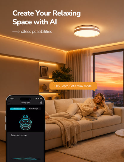 Lepro T1 AI Smart Ceiling Light 24W, Music Sync, AI Generated Lighting LLM, Voice Control, IP44 Waterproof Bathroom Light, Color Changing Ceiling Light WiFi, Work with Alexa Google Assistant, Ø29.4CM
