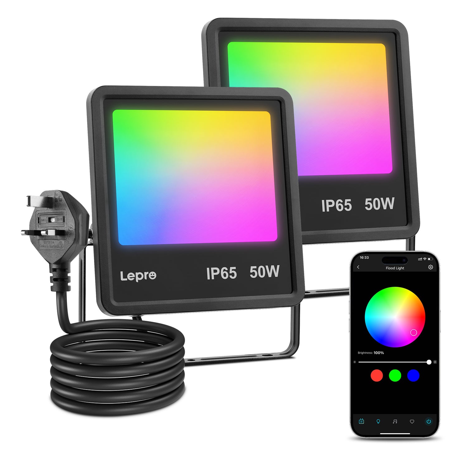 Lepro Led Flood Light Outdoor 50w, Colour Changing Floodlight App Control, 16M Colors DIY, LightGPM AI Mode, Music Sync, Voice Control with Alexa&Google, Timer, IP65 Waterproof for Outdoor Decoration