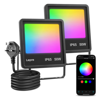 Lepro Led Flood Light Outdoor 50w, Colour Changing Floodlight App Control, 16M Colors DIY, LightGPM AI Mode, Music Sync, Voice Control with Alexa&Google, Timer, IP65 Waterproof for Outdoor Decoration