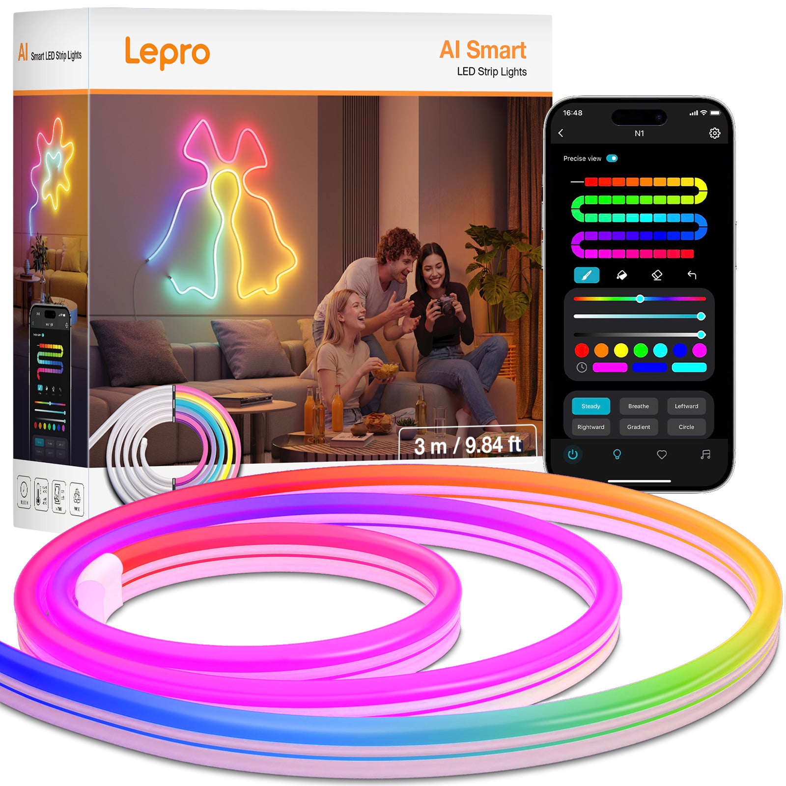 Lepro N1 AI Smart Rainbow Neon Light Strip 3M, 96 LEDs/M, Work with Alexa, Google Home, Music Sync, AI Lighting Design Assistant, IP65 Rope Light, MagicColor LED Light, App & Voice Control, No Remote