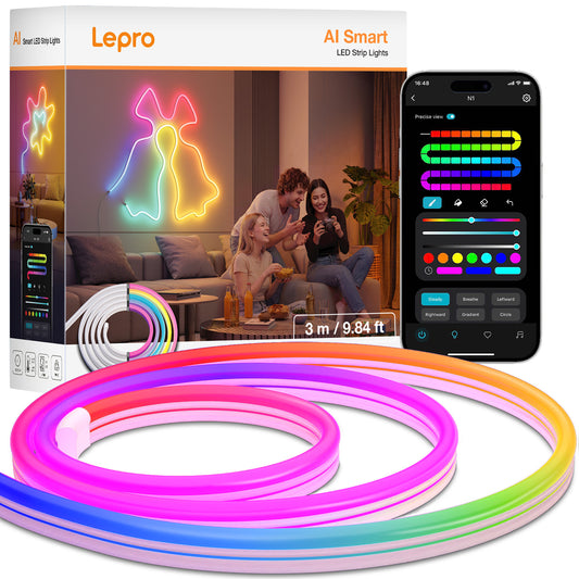 Lepro N1 AI Smart Rainbow Neon Light Strip 3M, 96 LEDs/M, Work with Alexa, Google Home, Music Sync, AI Lighting Design Assistant, IP65 Rope Light, MagicColor LED Light, App & Voice Control, No Remote