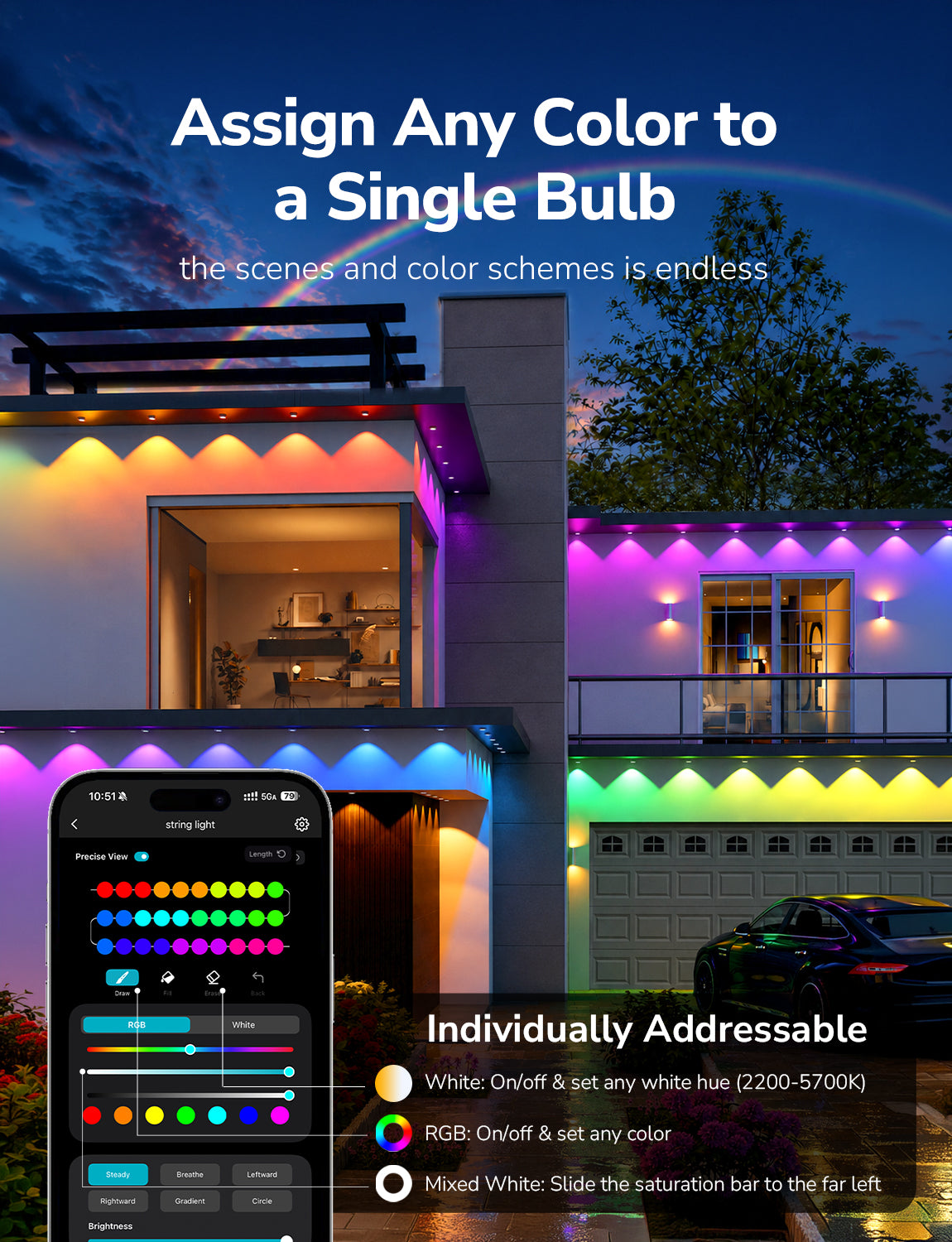 Lepro E1 Plus AI-Powered Permanent Outdoor Lights (Tunable White + RGBIC, Cuttable,  IP67 Waterproof, Works with Alexa & Google Assistant,Dual Output)