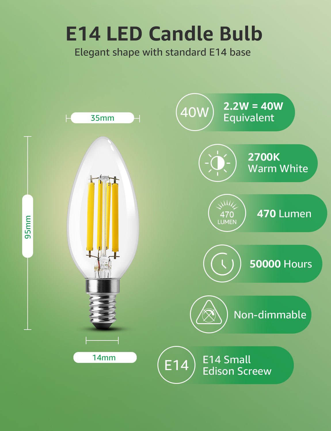 Lepro E14 LED Light Bulb A-Rated, Warm White 2700K, Ultra-efficient E14 Candle Bulb C35, 2.2W = 40W, 470lm, 50000H Lifespan, Small Edison Screw SES, Clear Filament, Glass, Non-dimmable [Energy Class A]