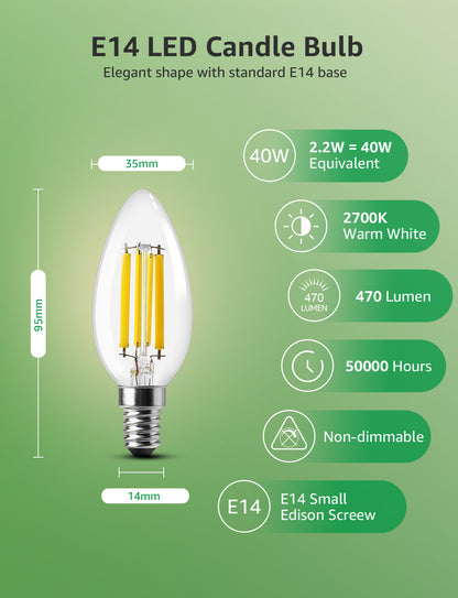 Lepro E14 LED Light Bulb A-Rated, Warm White 2700K, Ultra-efficient E14 Candle Bulb C35, 2.2W = 40W, 470lm, 50000H Lifespan, Small Edison Screw SES, Clear Filament, Glass, Non-dimmable [Energy Class A]