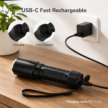 Lepro LED Torch Rechargeable, Super Bright Flashlight with 5 Modes & Memory Function, IPX4 Water Resistant, Long-Lasting, Plastic Lightweight Small Torch for Camping, Hiking, Power Cuts, Dog Walking [Energy Class A+]