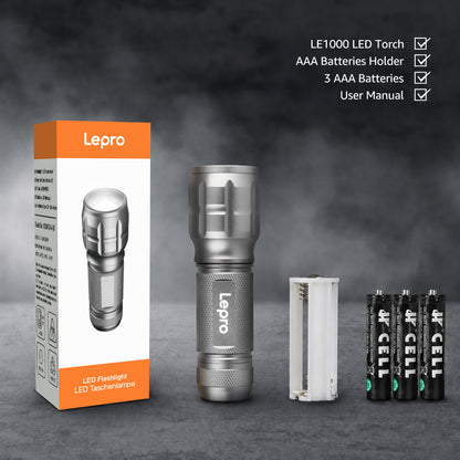 Lepro LE LED Torch Battery Powered, LE1000 Hand Camping Flashlight, 4 Packs | Adjustable Focus, Water Resistant, Lightweight Small Torches, Easy to Use, For Power Cut, Dog Walking, Gift for Kids Men Dad [Energy Class A+]