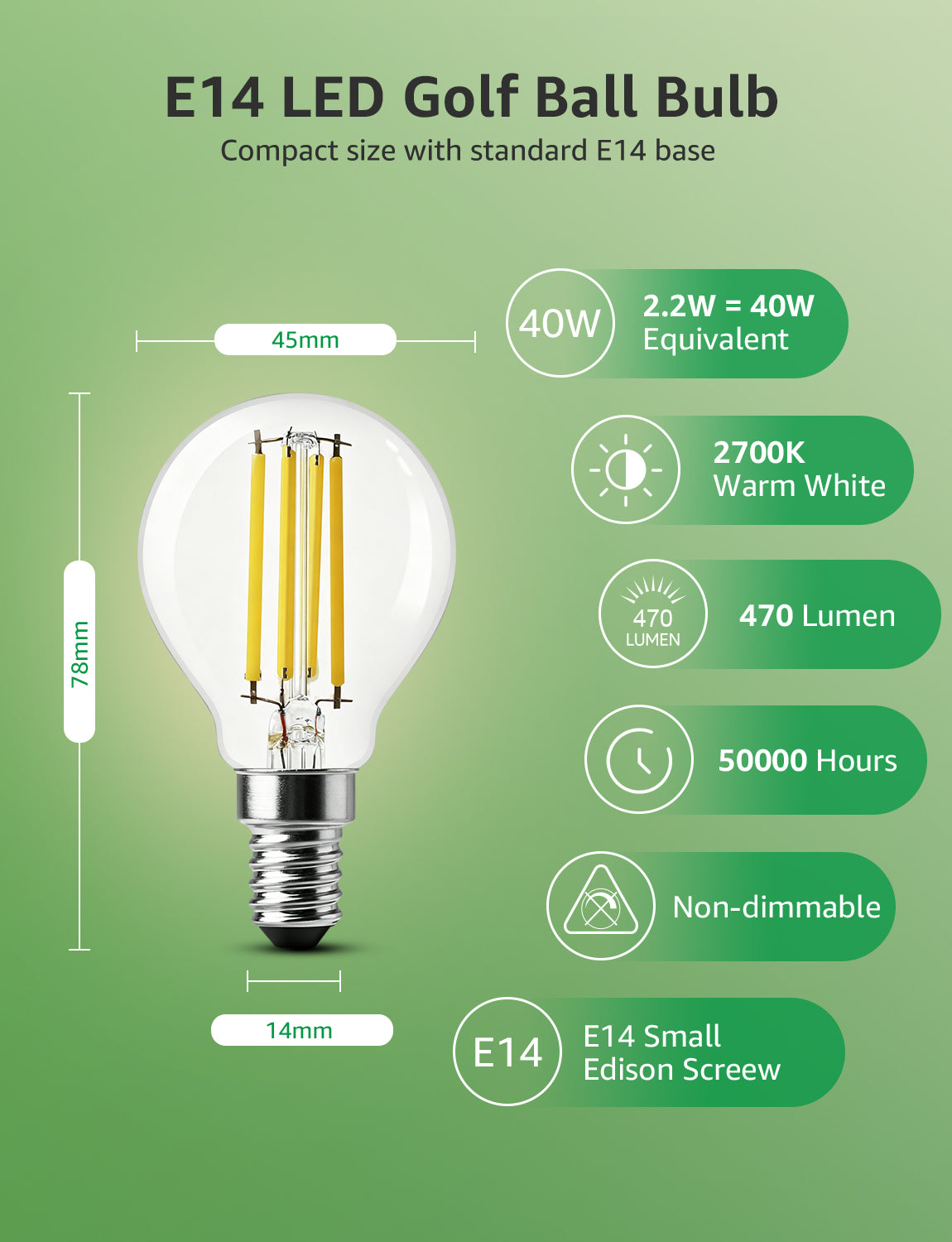 Lepro E14 LED Light Bulb A-Rated, Warm White 2700K, Ultra-efficient E14 Golf Ball Bulb P45 G45, 2.2W = 40W, 470lm, 50000H Lifespan, Small Edison Screw SES, Clear Filament, Vintage Glass[Energy Class A]