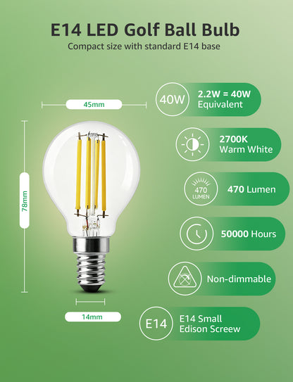 Lepro E14 LED Light Bulb A-Rated, Warm White 2700K, Ultra-efficient E14 Golf Ball Bulb P45 G45, 2.2W = 40W, 470lm, 50000H Lifespan, Small Edison Screw SES, Clear Filament, Vintage Glass[Energy Class A]