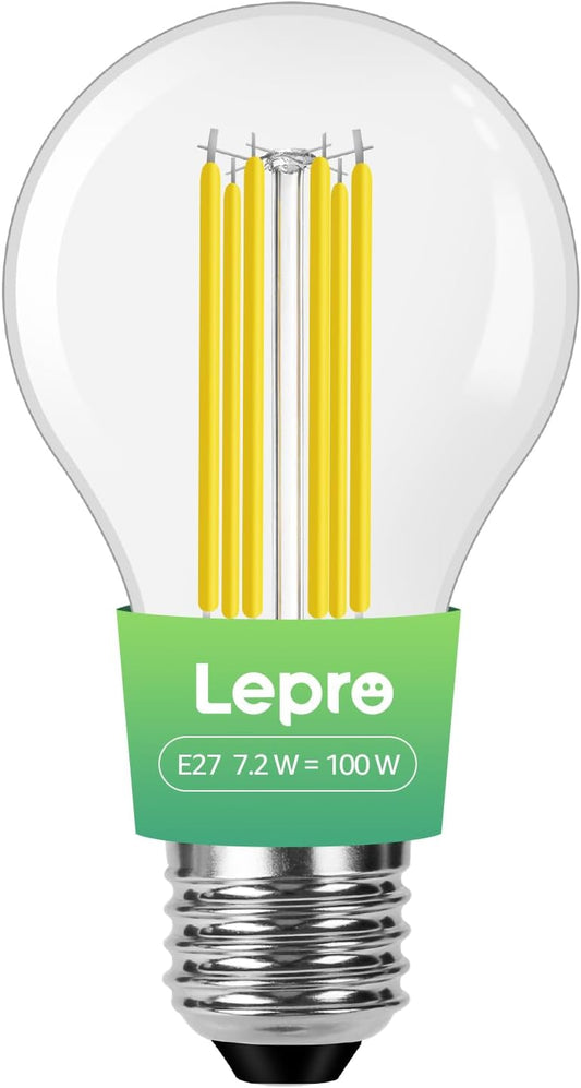 Lepro E27 Screw Bulb Vintage, Ultra Efficient A-Rated GLS Bulb, 7.2W = 100W, 1521lm, 2700K Warm White, 50000H Lifespan, Clear Filament, Glass, Non-dimmable