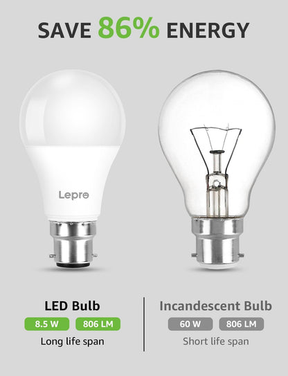 Lepro Bayonet Light Bulb, Cool White 6500K, 60W Equivalent, 8.5W 806LM B22 LED Bulb Daylight White, Energy Saving Light Bulbs Bayonet, Non-dimmable, Pack of 6
