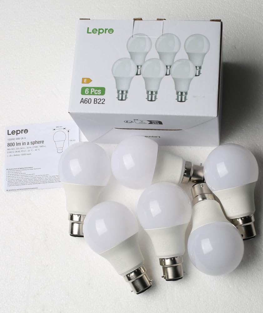 Lepro Dimmable Bayonet Light Bulb, 60W Equivalent, Warm White 2700K, 8.5W 806lm Light Bulbs Bayonet, BC A60 GLS Energy Saving B22 LED Bulb, Pack of 6