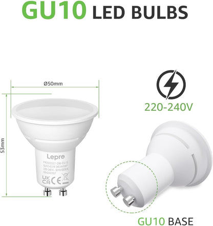 Lepro GU10 LED Bulbs, Cool White 6500K, 4.5W 345lm Energy Saving Light Bulbs, 50W Halogen Spotlight Equivalent, 100° Beam Angle, Daylight White, AC 220V-240V, Non-dimmable, Pack of 5