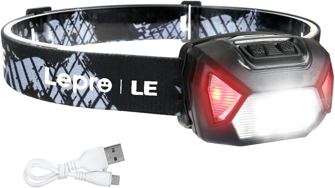 Lepro Head Torch Rechargeable, 2000L Waterproof LED Headlamp with Red Warning Lights, 6 Lighting Modes, Long Runtime, Lightweight Headlight for Kids & Adults for Running Fishing Camping