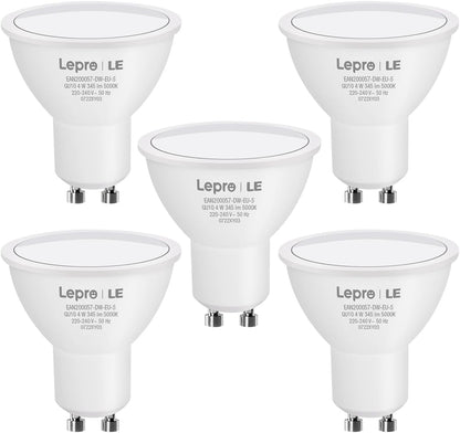 Lepro GU10 LED Bulbs, Cool White 5000K, 4W 345lm Energy Saving Light Bulbs, 50W Halogen Spotlight Equivalent, 100° Beam Angle, Daylight White, AC 220V-240V, Non-dimmable, Pack of 5